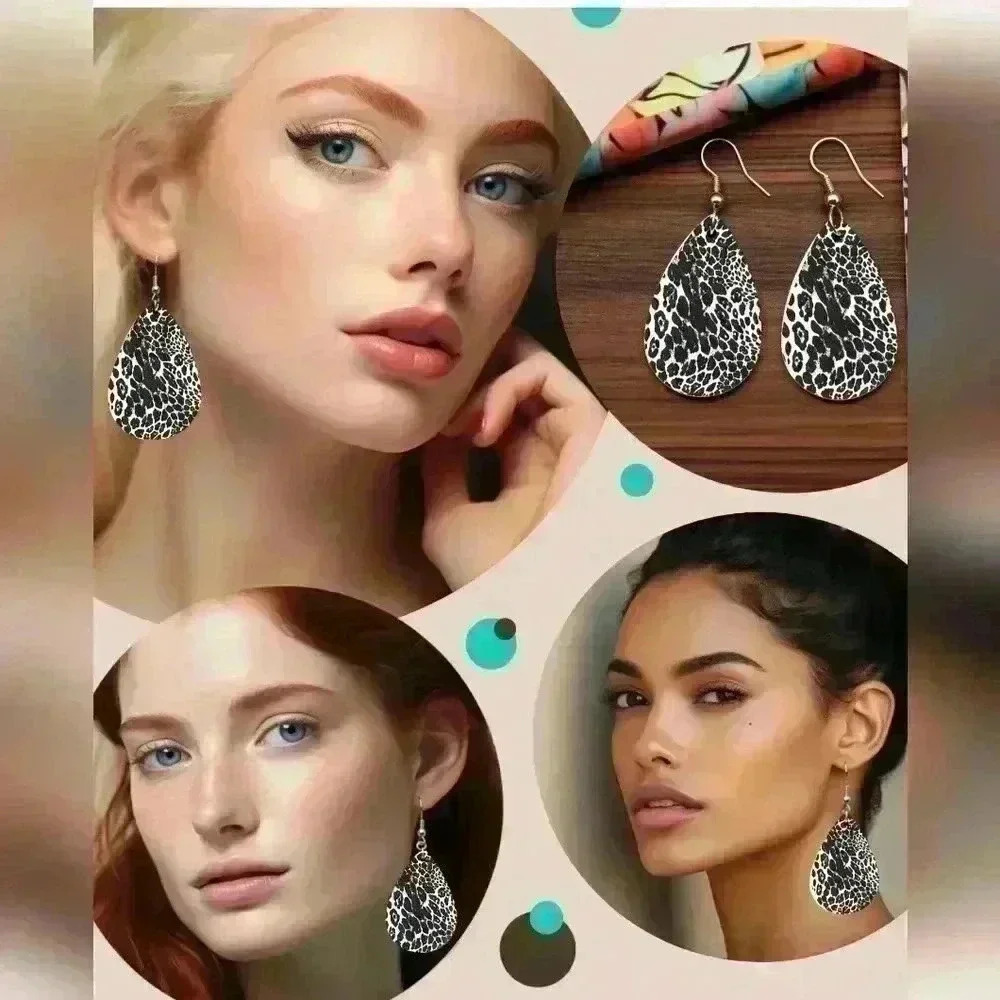 Southwestern black and white aninal printed tear drop pendant earrings